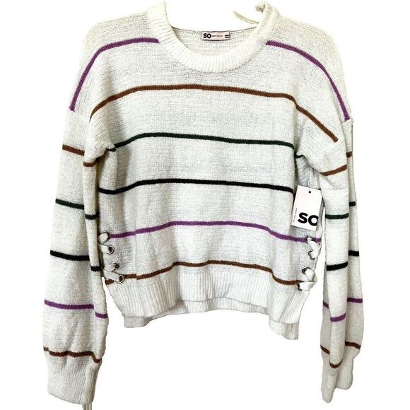 SO sz S Slouch Cropped Ivory White Stripe Grommets Side Tie Laces Knit Top Comfy - Picture 1 of 5